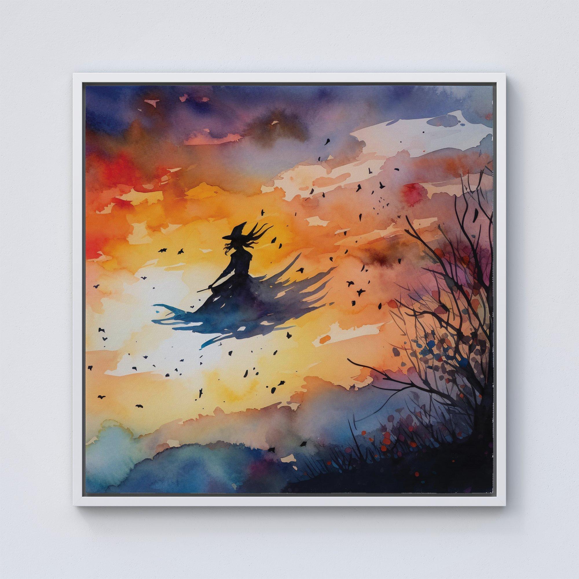 A Mesmerizing Watercolor Artwork Featuring A Graceful Witch Framed Canvas